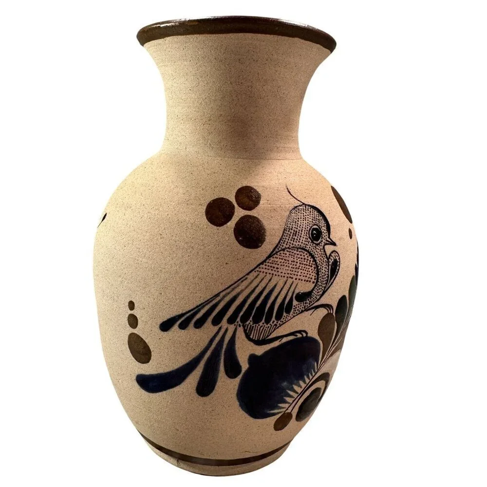 Mexican Folk Art Floral Vase Bird Sandstone Vintage Pottery Handcrafted Painted